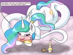 Size: 2000x1500 | Tagged: suggestive, artist:novaspark, derpibooru import, princess celestia, genie, genie pony, alternate hairstyle, bedroom eyes, bottle, butt, female, image, looking at you, png, ponytail, solo, solo female, veil