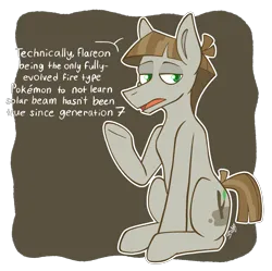 Size: 2048x2040 | Tagged: safe, artist:saltyspittoon, derpibooru import, mudbriar, earth pony, pony, colored pinnae, cutie mark, dialogue, g4, image, looking away, male, open mouth, png, pokémon, raised hoof, simple background, sitting, stallion, tail, talking, technically, text, transparent background, two toned mane, two toned tail