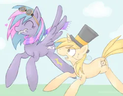 Size: 1280x1001 | Tagged: safe, derpibooru import, oc, oc:clockworkcreamsicle, oc:skydrifter, unofficial characters only, pegasus, unicorn, clothes, cutie mark, duo, female, female oc, goggles, hat, image, male, male oc, monocle, monocle and top hat, png, scarf, top hat, wrench