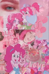 Size: 736x1102 | Tagged: safe, derpibooru import, edit, editor:cheryl0327xxx, pinkie pie, earth pony, human, pony, equestria girls, collage, g4, humanized, image, irl, jpeg, open mouth, open smile, peace sign, photo, selfie, smiling