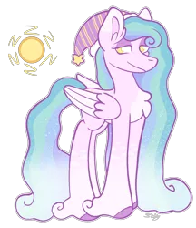 Size: 2188x2534 | Tagged: safe, artist:saltyspittoon, derpibooru import, oc, unofficial characters only, pegasus, pony, chest fluff, coat markings, colored eartips, colored pinnae, colored wings, colored wingtips, cutie mark, ear fluff, ethereal mane, eyeshadow, female, folded wings, hat, image, kinsona, lidded eyes, long legs, looking away, makeup, mare, multicolored mane, multicolored tail, nightcap, not celestia, outline, pegasus oc, png, signature, simple background, socks (coat marking), starry mane, starry tail, tail, transparent background, two toned wings, unshorn fetlocks, wings, yellow eyes
