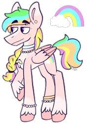 Size: 2038x2871 | Tagged: safe, artist:saltyspittoon, derpibooru import, oc, oc:tropical falls, unofficial characters only, pegasus, pony, blaze (coat marking), body freckles, bracelet, choker, coat markings, colored eartips, colored hooves, colored pinnae, colored wings, colored wingtips, cutie mark, ear piercing, earring, eyebrows, eyebrows visible through hair, facial markings, folded wings, freckles, image, jewelry, lidded eyes, long legs, multicolored hair, necklace, outline, pale belly, pegasus oc, piercing, png, purple eyes, rainbow hair, rainbow tail, raised hoof, signature, simple background, socks (coat marking), solo, standing, tail, transparent background, unshorn fetlocks, wings
