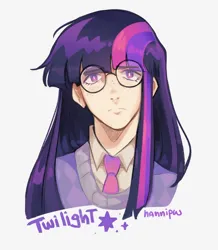 Size: 752x861 | Tagged: safe, artist:hannipw, derpibooru import, twilight sparkle, human, clothes, eyebrows, eyebrows visible through hair, female, freckles, frown, g4, glasses, humanized, image, looking at you, multicolored hair, necktie, pale skin, png, purple eyes, purple text, round glasses, signature, simple background, solo, sparkles, straight hair, sweater vest, text, white background, wingding eyes