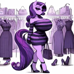Size: 1024x1024 | Tagged: safe, ai content, derpibooru import, machine learning generated, rarity, anthro, unicorn, adorasexy, big breasts, breasts, busty rarity, cleavage, clothes, clothes rack, curvy, cute, female, frown, g4, head tilt, high heels, hourglass figure, huge breasts, image, large butt, png, prompter:horselover fat, pullover, purse, sexy, shoes, shopping, side view, sideboob, simple background, solo, solo female, standing, stripes, stupid sexy rarity, sweater, sweater dress, sweater puppies, walking, white background, wide hips