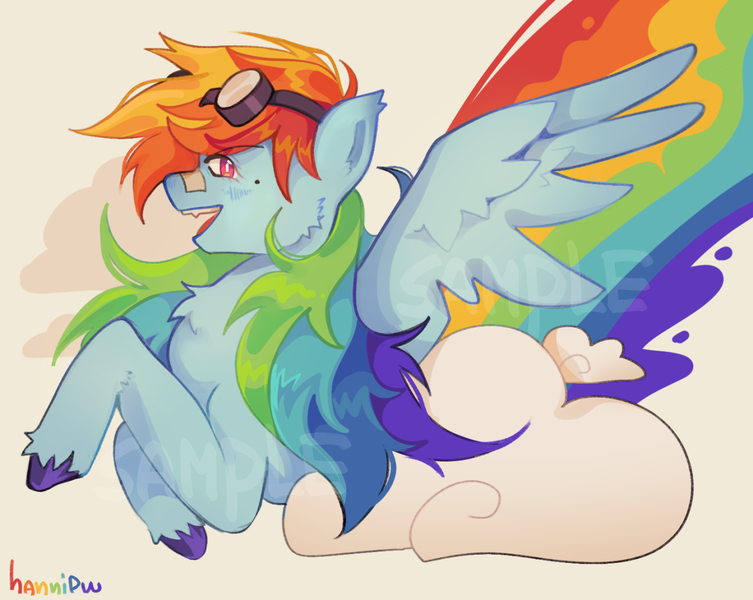 Size: 1280x1020 | Tagged: safe, artist:hannipw, derpibooru import, rainbow dash, pegasus, pony, alternate hairstyle, bandaid, bandaid on nose, beauty mark, blushing, cheek fluff, chest fluff, cloud, colored eartips, colored hooves, colored pinnae, ear fluff, ear tufts, eyebrows, eyebrows visible through hair, eyelashes, female, g4, goggles, goggles on head, image, long hair, looking back, mare, multicolored hair, multicolored mane, on a cloud, open mouth, open smile, pink eyes, png, profile, rainbow, rainbow hair, raised hoof, raised hooves, signature, smiling, spread wings, teeth, unshorn fetlocks, watermark, wing fluff, wings