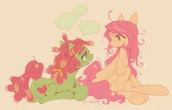 Size: 1280x820 | Tagged: safe, artist:onionpwder, derpibooru import, fluttershy, tree hugger, earth pony, pegasus, pony, beard, blushing, colored eyebrows, curly mane, curly tail, cutie mark, dreadlocks, duo, ear fluff, eyelashes, facial hair, female, folded wings, gender headcanon, hoof heart, image, lesbian, lidded eyes, looking at each other, looking at someone, lying down, mare, open mouth, open smile, pink background, pink mane, pink tail, png, ponytail, ship:flutterhugger, shipping, signature, simple background, sitting, smiling, smiling at each other, speech bubble, tail, talking, tied hair, trans female, transgender, two toned mane, two toned tail, underhoof, wingding eyes, wings