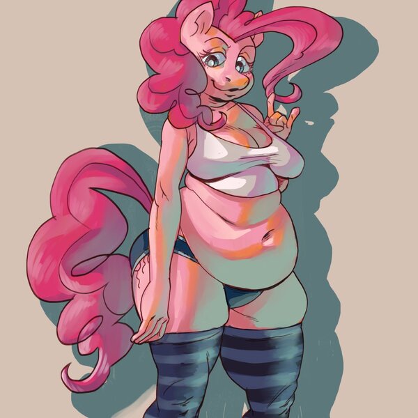 Size: 1080x1080 | Tagged: suggestive, artist:strobehouse, derpibooru import, pinkie pie, anthro, earth pony, black panties, black underwear, blue eyes, breasts, cleavage, clothes, curly hair, devil horn (gesture), eyebrows, eyelashes, fat, female, g4, image, jpeg, lidded eyes, looking at you, midriff, panties, pink coat, pink hair, pudgy, pudgy pie, shirt, sleeveless, sleeveless shirt, socks, striped socks, thigh socks, thighs, thunder thighs, underwear, white shirt