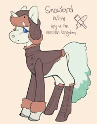 Size: 1047x1336 | Tagged: safe, artist:beyhr, derpibooru import, oc, oc:snowbird, unofficial characters only, earth pony, pony, blue eyes, boots, clothes, coat, colored hooves, earth pony oc, eyebrows, eyebrows visible through hair, fake horn, fluffy tail, frown, hat, image, jacket, male, png, pronouns, shoes, stallion, tail, text, two toned tail, ushanka, winter clothes, winter hat