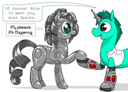 Size: 600x433 | Tagged: safe, artist:drjavi, derpibooru import, oc, oc:coppercog, oc:sparks(zekeziel), unofficial characters only, cyborg, cyborg pony, earth pony, pony, robot, robot pony, duo, earth pony oc, female oc, image, oc male, png