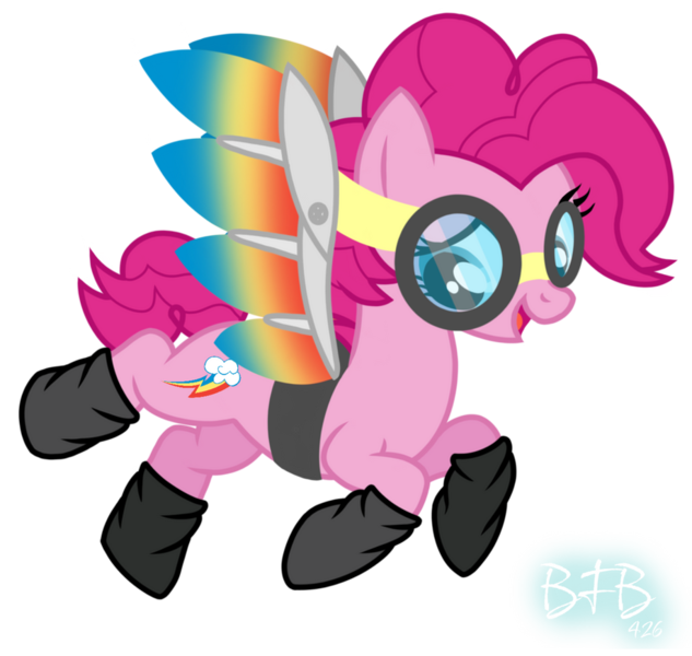 Size: 918x870 | Tagged: safe, artist:baconforbreakfast426, derpibooru import, pinkie pie, earth pony, pony, female, g4, goggles, image, makeshift wings, png, rainbow dash's cutie mark, simple background, solo, swapped cutie marks, transparent background, wrong cutie mark
