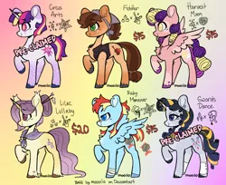 Size: 2048x1669 | Tagged: safe, artist:beyhr, derpibooru import, oc, oc:circus arts, oc:fiddler, oc:harvest moon, oc:lilac lullaby, oc:risky maneuver, oc:swords dance, unofficial characters only, earth pony, pegasus, pony, unicorn, adoptable, bald face, bandage, bandaged leg, bandaid, bandaid on nose, bandana, base used, blaze (coat marking), blue eyes, blushing, chest fluff, clothes, coat markings, colored eartips, colored fetlocks, colored hooves, colored horn, colored muzzle, colored pinnae, colored wings, colored wingtips, ear piercing, ear tufts, earring, earth pony oc, eyebrows, eyebrows visible through hair, eyelashes, facial markings, freckles, gradient background, gradient mane, gradient tail, green eyes, hair bun, hairpin, heart, heart mark, horn, image, jewelry, lidded eyes, long tail, necklace, offspring, parent:applejack, parent:fluttershy, parent:rainbow dash, parent:rarity, parent:twilight sparkle, parents:canon x oc, pegasus oc, piercing, pink eyes, png, purple eyes, raised hoof, ringlets, scarf, short mane, signature, socks, sparkles, splotches, spread wings, standing, straight mane, tail, text, torn ear, two toned mane, two toned tail, two toned wings, unicorn oc, unshorn fetlocks, vest, wall of tags, wingding eyes, wings, yellow eyes