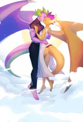 Size: 990x1453 | Tagged: suggestive, artist:bakki, derpibooru import, smolder, spike, anthro, dragon, plantigrade anthro, butt, clothes, dragon tail, dragon wings, dragoness, dress, female, g4, image, kissing, male, midair, pants, png, rear view, ship:spolder, shipping, shirt, skirt, skirt lift, smolderriere, spread wings, straight, tail, thighs, wings