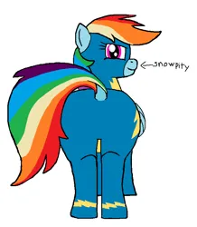 Size: 663x762 | Tagged: safe, artist:phoneypony, ponerpics import, ponybooru import, rainbow dash, pegasus, pony, butt, clothes, dock, female, image, looking at you, mare, ms paint, plot, png, rear view, simple background, smug, snowpity, solo, solo female, uniform, wonderbolts uniform