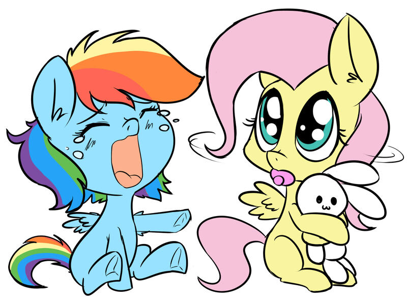 Size: 1397x1037 | Tagged: safe, artist:anibaruthecat, derpibooru import, fluttershy, rainbow dash, pegasus, pony, crying, duo, female, filly, filly fluttershy, filly rainbow dash, image, jpeg, old art, pacifier, plushie, simple background, sitting, white background, younger