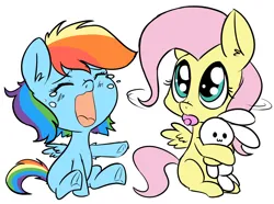 Size: 1397x1037 | Tagged: safe, artist:anibaruthecat, derpibooru import, fluttershy, rainbow dash, pegasus, pony, crying, duo, female, filly, filly fluttershy, filly rainbow dash, image, jpeg, old art, pacifier, plushie, simple background, sitting, white background, younger