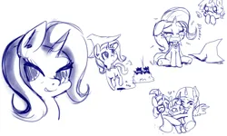 Size: 3000x1795 | Tagged: safe, artist:anibaruthecat, derpibooru import, moondancer, trixie, twilight sparkle, twilight sparkle (alicorn), alicorn, pony, unicorn, age regression, female, filly, filly trixie, hug, image, jpeg, monochrome, old art, sketch, younger