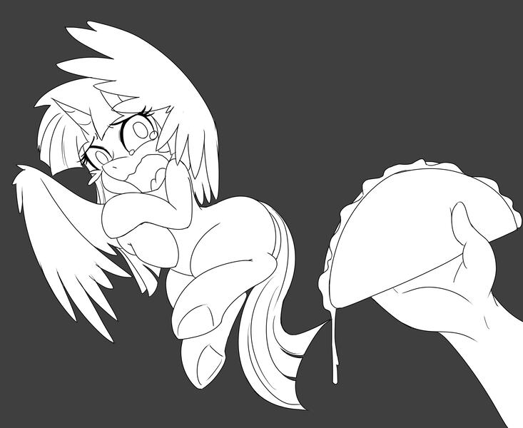 Size: 3400x2783 | Tagged: safe, artist:anibaruthecat, derpibooru import, twilight sparkle, twilight sparkle (alicorn), alicorn, pony, female, food, hand, high res, image, jpeg, mare, monochrome, offscreen character, old art, quesadilla, scared, teary eyes, they're just so cheesy