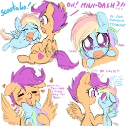 Size: 3000x3000 | Tagged: suggestive, artist:anibaruthecat, derpibooru import, rainbow dash, scootaloo, pegasus, pony, age regression, comic, crying, female, filly, filly rainbow dash, heart, high res, hug, image, imminent foalcon, jpeg, old art, simple background, spanish, white background, younger