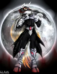 Size: 2550x3295 | Tagged: safe, artist:anibaruthecat, derpibooru import, oc, unofficial characters only, anthro, unguligrade anthro, unicorn, armor, full moon, high res, image, jpeg, male, mask, moon, old art, solo, weapon