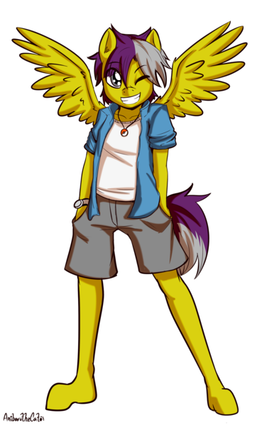 Size: 1157x1920 | Tagged: safe, artist:anibaruthecat, derpibooru import, oc, unofficial characters only, anthro, pegasus, anthro oc, clothes, grin, hoof feet, image, jewelry, male, necklace, old art, one eye closed, png, poké ball, pokémon, shorts, simple background, smiling, solo, transparent background