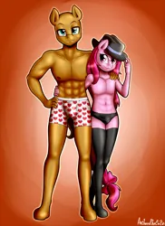 Size: 2295x3159 | Tagged: suggestive, alternate version, artist:anibaruthecat, derpibooru import, oc, unofficial characters only, anthro, bald, black underwear, bow, clothes, crotch bulge, duo, femboy, gay, hat, heart, heart print underwear, high res, hoof feet, image, male, muscles, old art, panties, png, socks, stockings, tail, tail bow, thigh highs, underwear