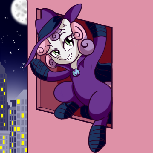 Size: 512x512 | Tagged: safe, artist:anibaruthecat, derpibooru import, part of a set, mare do well, sweetie belle, pony, unicorn, building, city, female, filly, foal, grin, image, night, old art, png, smiling, solo, sweetie do well, window