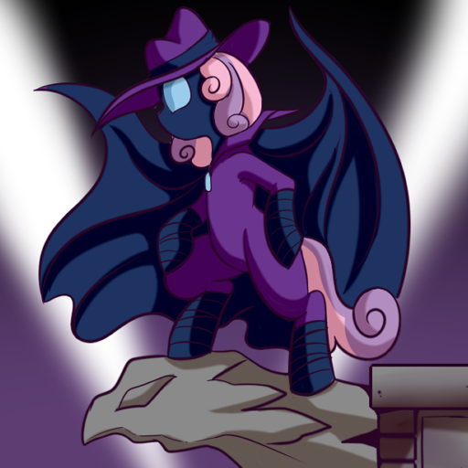 Size: 512x512 | Tagged: safe, artist:anibaruthecat, derpibooru import, part of a set, mare do well, sweetie belle, gargoyle, pony, bipedal, female, filly, foal, image, mask, old art, png, searchlight, solo, sweetie do well