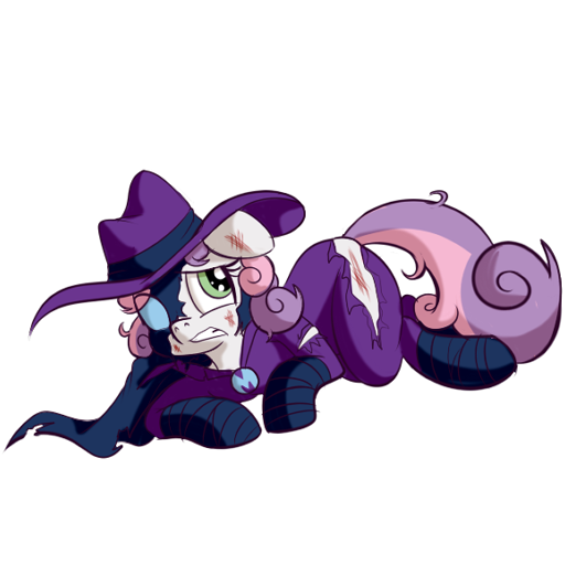 Size: 512x512 | Tagged: safe, artist:anibaruthecat, derpibooru import, part of a set, mare do well, sweetie belle, pony, unicorn, clothes, female, filly, foal, gritted teeth, image, injured, lying down, old art, png, prone, simple background, solo, sweetie do well, teeth, torn clothes, transparent background