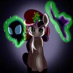Size: 512x512 | Tagged: safe, artist:anibaruthecat, derpibooru import, part of a set, mare do well, sweetie belle, pony, unicorn, confident, female, filly, foal, glow, glowing horn, hat, horn, image, levitation, magic, mask, old art, png, smiling, solo, sweetie do well, telekinesis