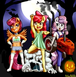 Size: 3260x3308 | Tagged: safe, alternate version, artist:anibaruthecat, derpibooru import, apple bloom, scootaloo, sweetie belle, anthro, bat, earth pony, ghost, pegasus, undead, unguligrade anthro, unicorn, apple bloomers, adorabloom, armpits, belly button, blushing, clothes, compression shorts, costume, cute, cutealoo, cutie mark crusaders, diasweetes, dress, explicit source, female, full moon, g4, halloween, halloween costume, heart, high res, holiday, hoof feet, image, jack-o-lantern, midriff, moon, old art, open mouth, png, pumpkin, raised fist, ribbon, smiling, socks, strapless, suspenders, tractor, underwear
