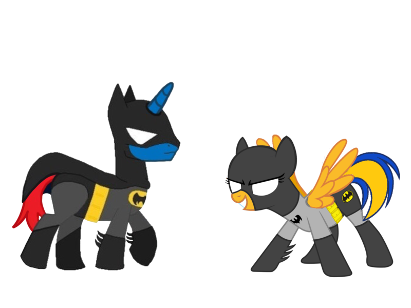 Size: 2048x1536 | Tagged: safe, artist:ry-bluepony1, derpibooru import, oc, oc:flare spark, oc:train track, unofficial characters only, pegasus, pony, unicorn, batgirl, batman, batmare, dc comics, female, g4, image, male, png, simple background, smiling, superhero, transparent background