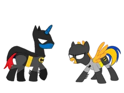 Size: 2048x1536 | Tagged: safe, artist:ry-bluepony1, derpibooru import, oc, oc:flare spark, oc:train track, unofficial characters only, pegasus, pony, unicorn, batgirl, batman, batmare, dc comics, female, g4, image, male, png, simple background, smiling, superhero, transparent background