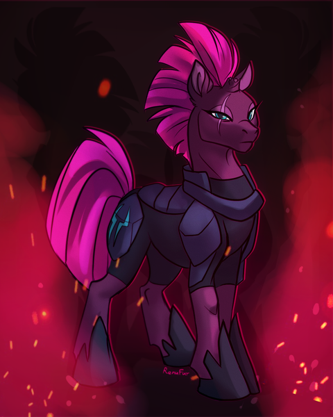 Size: 881x1102 | Tagged: safe, artist:renufar, derpibooru import, tempest shadow, pony, unicorn, armor, broken horn, female, g4, horn, image, looking at you, mare, mohawk, png, solo