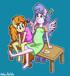Size: 1780x1906 | Tagged: safe, artist:anibaruthecat, derpibooru import, princess flurry heart, pumpkin cake, alicorn, anthro, unicorn, duo, female, hoof feet, image, music notes, old art, outline, png, pregnant, simple background, sitting, surprised