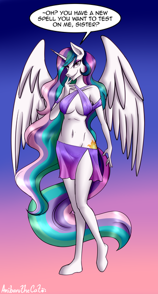 Size: 1611x3000 | Tagged: suggestive, artist:anibaruthecat, derpibooru import, edit, princess celestia, alicorn, anthro, absolute cleavage, breasts, cleavage, cropped, female, high res, hoof feet, image, implied princess luna, midriff, old art, png, smiling, smirk, solo, solo female, speech bubble