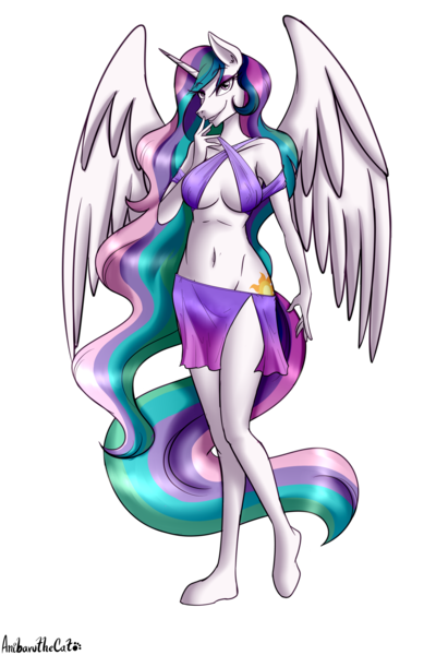 Size: 1809x2716 | Tagged: suggestive, alternate version, artist:anibaruthecat, derpibooru import, princess celestia, alicorn, anthro, absolute cleavage, breasts, cleavage, female, high res, hoof feet, image, midriff, old art, png, simple background, smiling, smirk, solo, solo female, transparent background