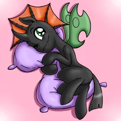 Size: 3000x3000 | Tagged: safe, artist:anibaruthecat, derpibooru import, oc, oc:vesairus, unofficial characters only, changeling, high res, hug, image, lying down, old art, one eye closed, pillow, pillow hug, png, side, smiling, solo