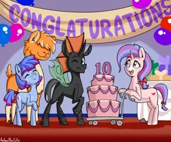 Size: 3000x2500 | Tagged: safe, artist:anibaruthecat, derpibooru import, oc, oc:hearts desire, oc:sué ping, oc:vesairus, unofficial characters only, changeling, earth pony, llama, pony, unicorn, ^^, anniversary, birthday cake, cake, engrish, eyes closed, female, food, high res, image, mare, old art, one eye closed, party, png