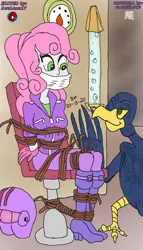 Size: 1115x1945 | Tagged: suggestive, artist:godzilla713, derpibooru import, sweetie belle, bird, g4, gag, image, png, tied to chair, tied up