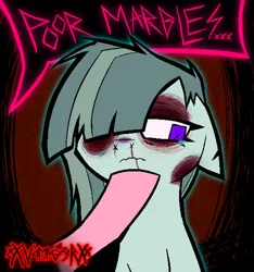 Size: 1072x1146 | Tagged: semi-grimdark, artist:xxv4mp_g4z3rxx, derpibooru import, marble pie, pinkie pie, earth pony, pony, abuse, blood, bruised, duo, female, green coat, image, looking down, mare, nosebleed, pink coat, png, purple eyes, sad, teary eyes, text, torn ear, two toned mane