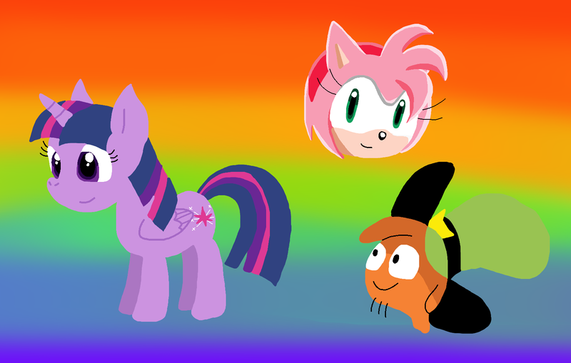 Size: 1534x976 | Tagged: safe, artist:cmara, derpibooru import, twilight sparkle, twilight sparkle (alicorn), alicorn, hedgehog, amy rose, disney, female, floating head, g4, image, male, png, rainbow background, sega, sonic the hedgehog (series), wander (wander over yonder), wander over yonder