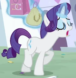 Size: 342x351 | Tagged: safe, derpibooru import, screencap, rarity, pony, unicorn, season 2, sweet and elite, animation error, bag, cropped, eyes closed, female, g4, image, levitation, magic, magic aura, mare, png, raised hoof, shopping bag, solo, telekinesis