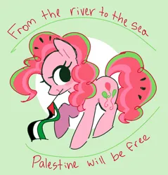Size: 1799x1882 | Tagged: safe, artist:syrupyyy, derpibooru import, pinkie pie, earth pony, pony, abstract background, alternate color palette, alternate mane color, cute, diapinkes, flag, food, green background, image, mouthpiece, palestine, png, politics, simple background, solo, watermelon
