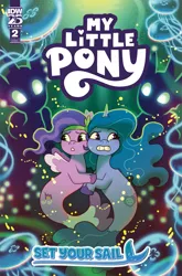Size: 2063x3131 | Tagged: safe, derpibooru import, idw, official, izzy moonbow, pipp petals, jellyfish, pegasus, pony, seapony (g4), unicorn, g5, spoiler:comic, spoiler:g5comic, bubble, cloven hooves, comic, comic cover, crepuscular rays, dorsal fin, female, fin, fin wings, fins, flowing mane, flowing tail, glow, glowing eyes, high res, holding each other, horn, image, mare, ocean, official comic, png, scared, seaponified, seapony izzy, seapony izzy moonbow, seapony pipp, seapony pipp petals, seaweed, set your sail, shadow, silhouette, species swap, sunlight, swimming, tail, teeth, underwater, water, wings