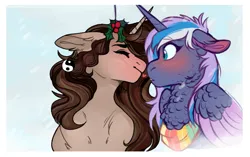 Size: 720x452 | Tagged: safe, artist:dejji_vuu, derpibooru import, oc, oc:dejja vu, oc:moonlight melody (wallvie), unofficial characters only, alicorn, pony, unicorn, blushing, chest fluff, clothes, eyes closed, female, floppy ears, heart, holly, holly mistaken for mistletoe, image, mare, png, scarf