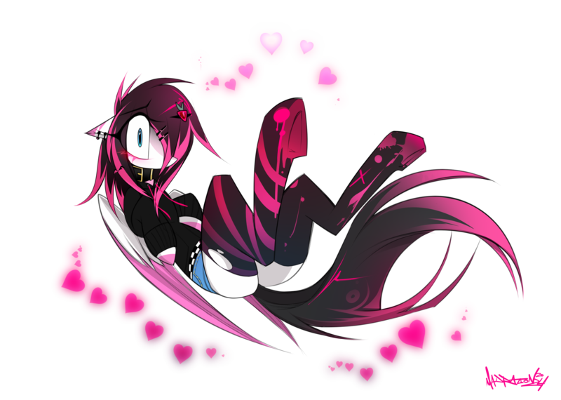 Size: 2580x1838 | Tagged: safe, artist:madragon, derpibooru import, oc, oc:lunylin, unofficial characters only, pegasus, clothes, collar, cute, embarrassed, emo, female, floppy ears, folded wings, hairpin, heart, hoodie, hooves to the chest, image, lying down, on back, one eye covered, pegasus oc, png, ripped stockings, shorts, simple background, socks, solo, solo female, spread legs, spreading, stockings, striped socks, thigh highs, tights, torn clothes, transparent background, wide eyes, wings