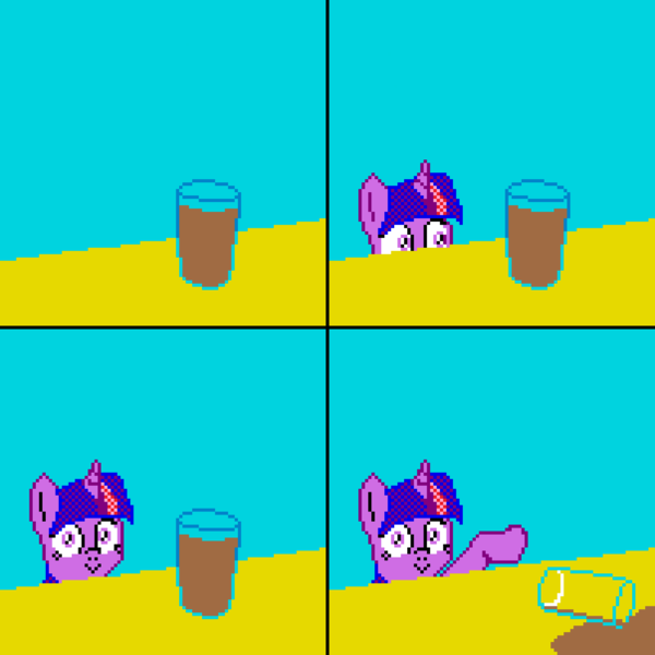 Size: 1407x1407 | Tagged: safe, artist:dhm, derpibooru import, twilight sparkle, pony, /mlp/, 4chan, chocolate, chocolate milk, comic, exploitable meme, food, image, looking at you, meme, milk, pixel art, pixelcanvas, png, solo, spill, spilled drink, spilled milk