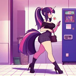 Size: 1024x1024 | Tagged: safe, ai content, derpibooru import, machine learning generated, twilight sparkle, anthro, unicorn, adorasexy, bare shoulders, big breasts, breasts, clothes, curvy, cute, female, g4, hallway, high heels, hourglass figure, image, large butt, mobile phone, phone, png, ponytail, prompter:horselover fat, purse, sexy, shoes, shoulderless, side view, sideboob, solo, solo female, talking, tiled floor, vending machine, walking, wide hips
