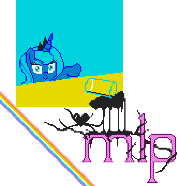 Size: 1002x1044 | Tagged: safe, artist:dhm, derpibooru import, princess luna, pony, /mlp/, 4chan, black goo, chocolate, chocolate milk, exploitable meme, female, filly, food, heart, image, looking at you, meme, milk, pixel art, pixelcanvas, png, rainbow, solo, spill, spilled drink, spilled milk, void, woona, younger