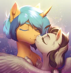 Size: 4624x4738 | Tagged: safe, artist:helemaranth, derpibooru import, oc, oc:indicia, oc:xante leon, unofficial characters only, pegasus, unicorn, couple, eyes closed, feathered wings, female, horn, image, kiss on the lips, kissing, male, oc x oc, png, shipping, simple background, wings, xandicia